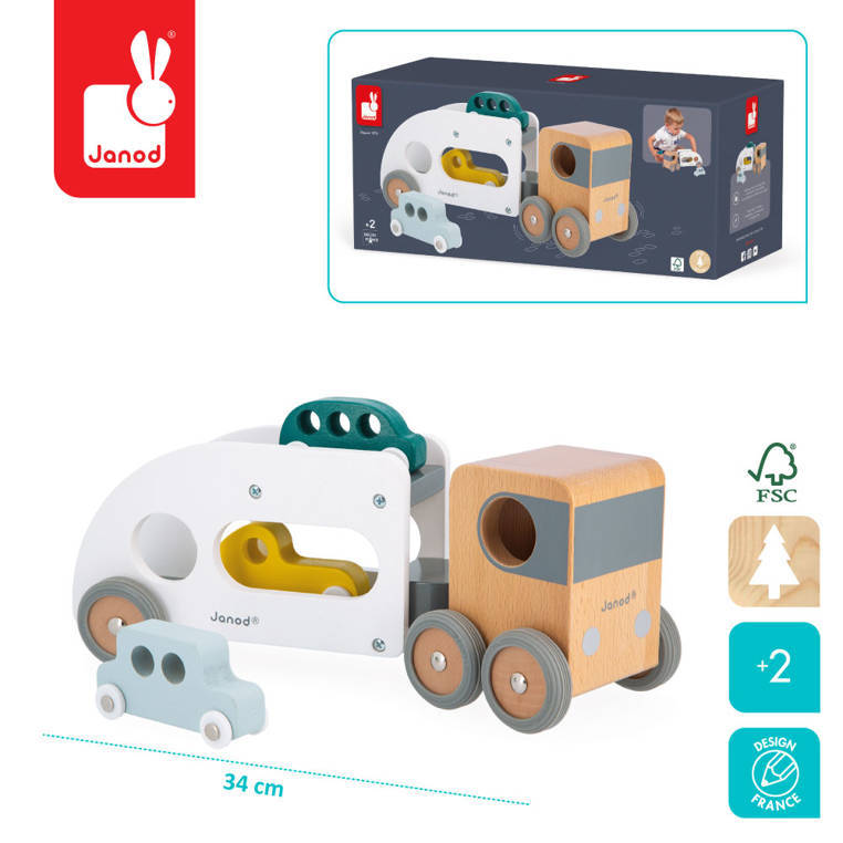 Janod - A tow truck with 3 vehicles, a wooden Bolid 2+