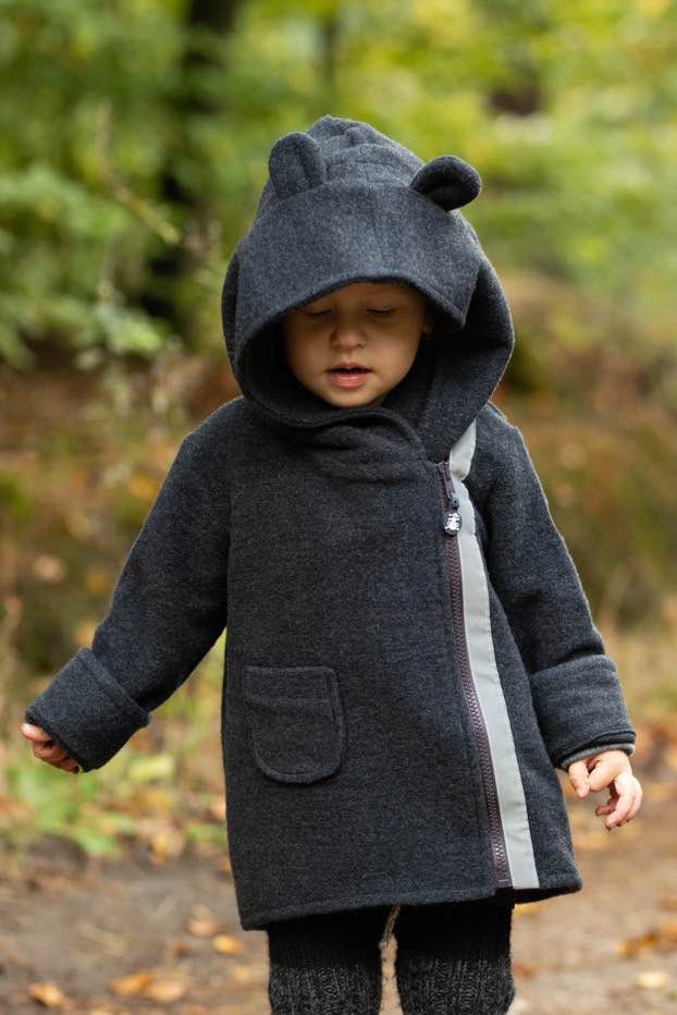 Children's Jacket 100% Merino Wool with Detachable Patent, Gray Bear